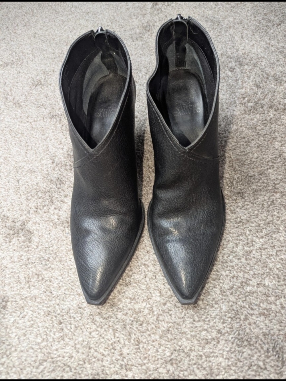 Vince Camuto Black Leather Pointed Toe Ankle Bootie Block Heel Zip Boots